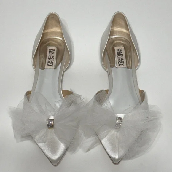 Badgley Mischka Fergie Tulle Pointed Toe Flats in Soft White Satin - Picture 1 of 17